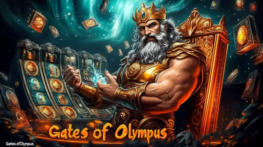A majestic Zeus figure on a golden throne, surrounded by floating cards and a 6777bd slot machine, with Gates of Olympus prominently displayed, inviting players to a mythical gaming experience.