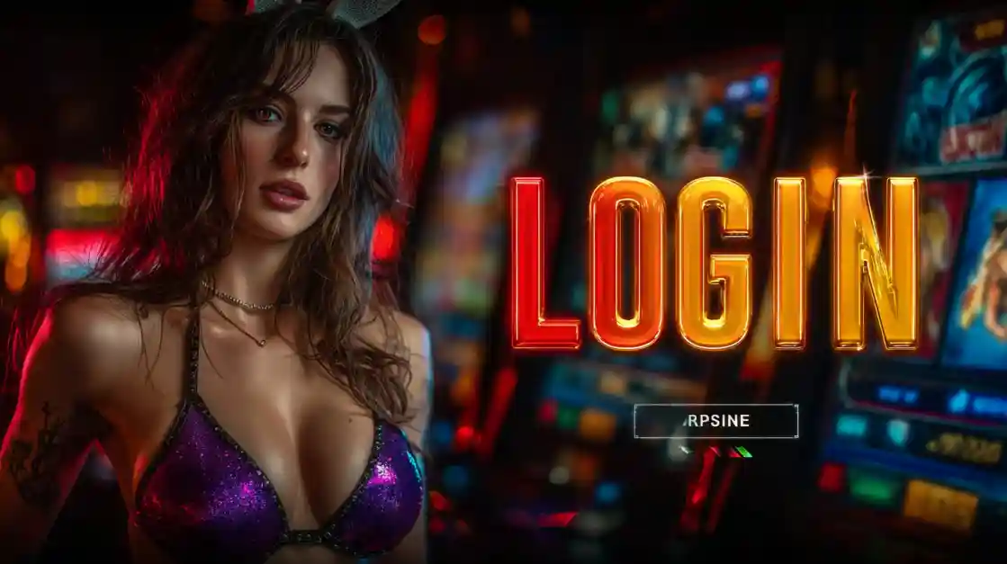A captivating woman stands beside a LOGIN interface, with 6777bd slot machines softly blurred in the background, inviting users to enter the world of 6777bd.