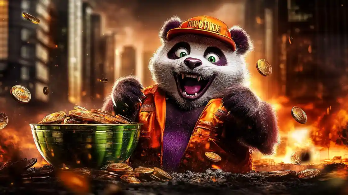 A cheerful panda character surrounded by golden coins, symbolizing wealth and good fortune with 6777bd.
