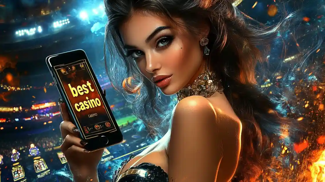 A woman holding a phone showcasing the 6777bd casino app in a vibrant stadium-like setting.
