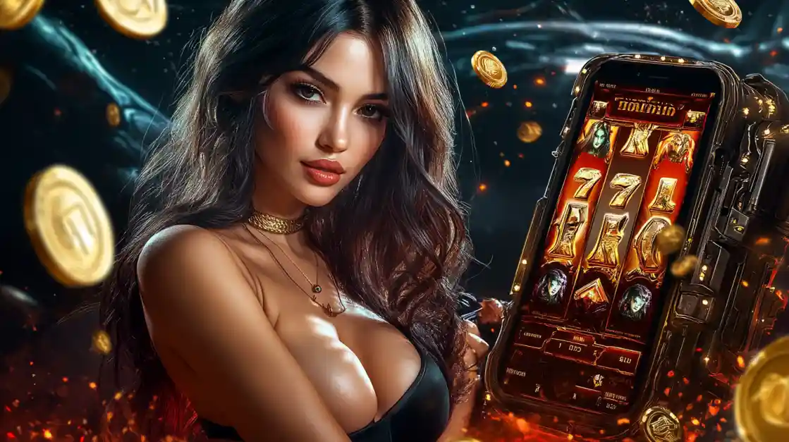 A confident woman holds a smartphone displaying a 6777bd mobile slot game with 777 symbols and golden coins.